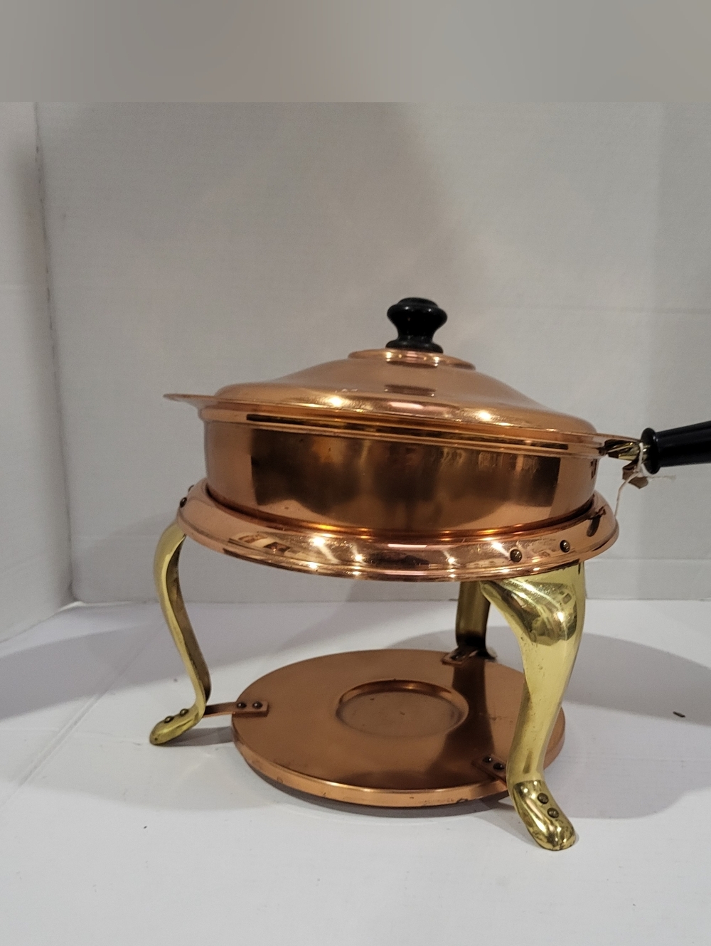 Copper and Brass Chafing Dish with Handle, Stand, and Lid VINTAGE MCM